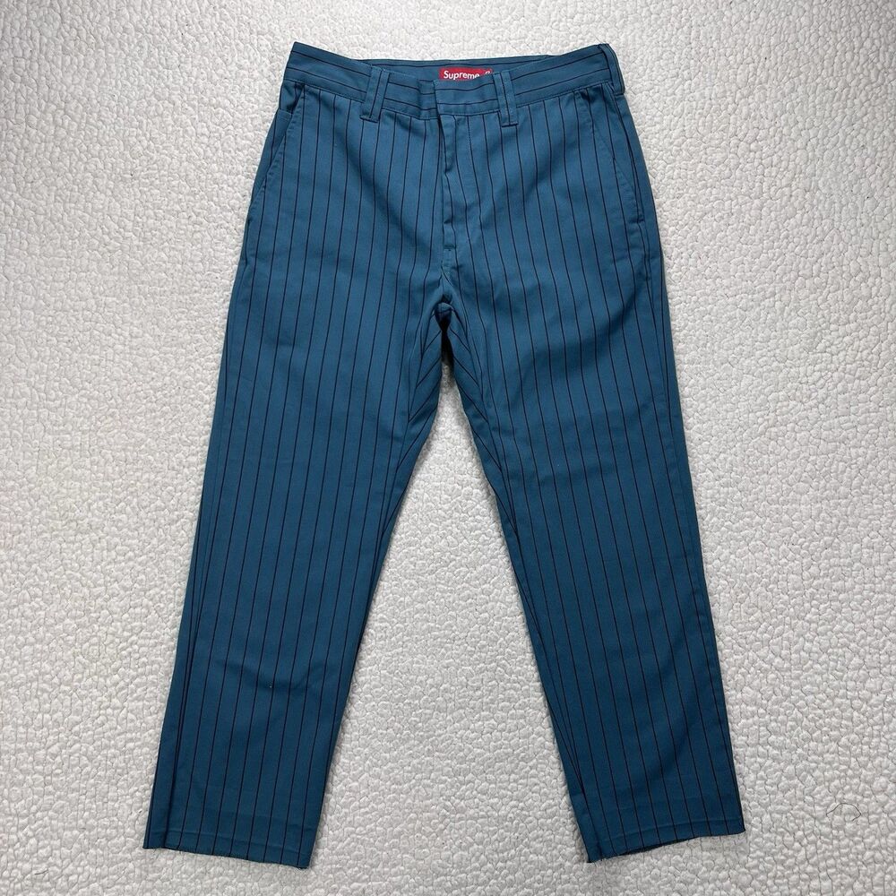 Supreme Striped Chino Work Pants Men's 30x26 Teal‎ Raw Hem  Cropped Streetwear - Picture 2 of 13